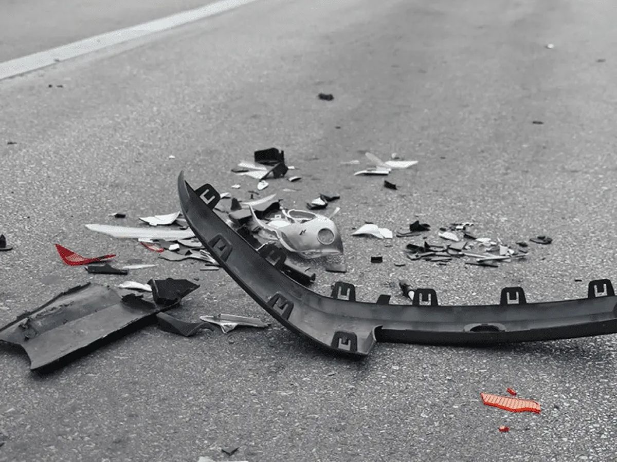 Road debris scattered after a car accident