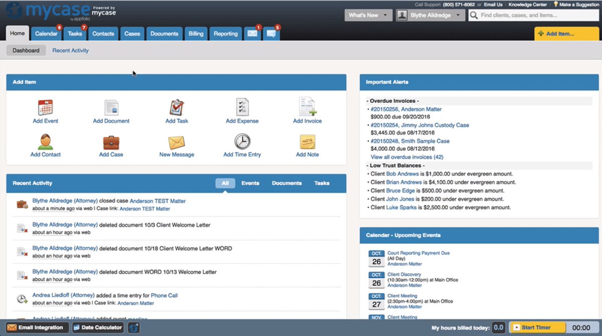 Screenshot of law practice management software, MyCase