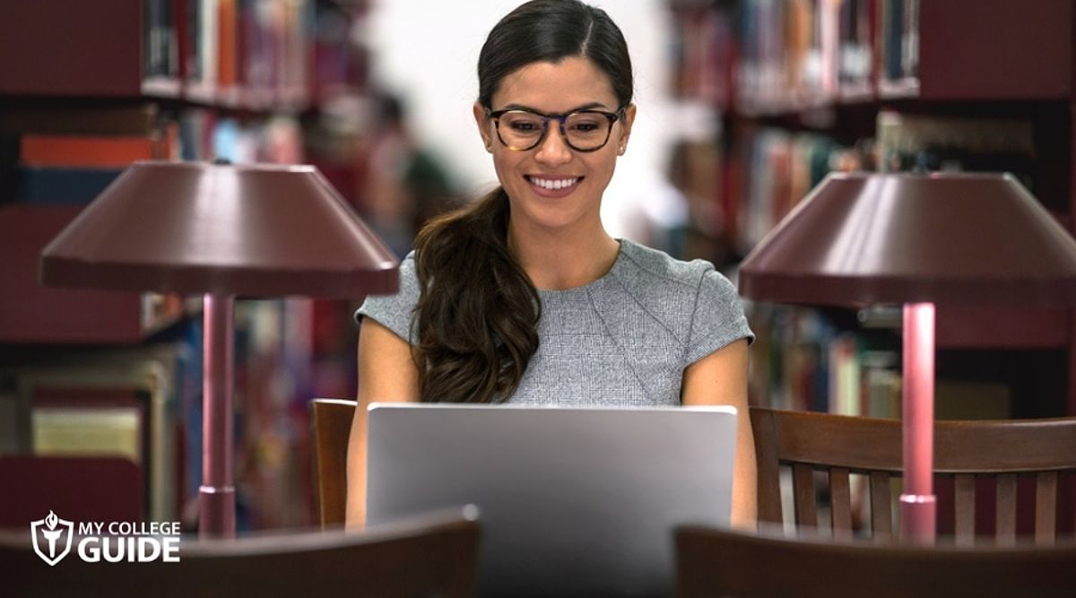 A woman enrolled in an online law school, representing the growing trend of distance legal education.